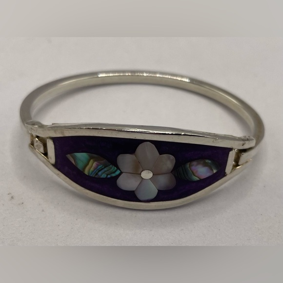 Vintage Signed Alpaca Mexico Silver Inlaid Flower Bangle Bracelet Child - Picture 6 of 9